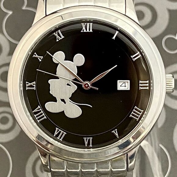 Disney Time Works All Stainless Steel Mickey Mouse Silhouette Dial Unisex Watch - Picture 4 of 14